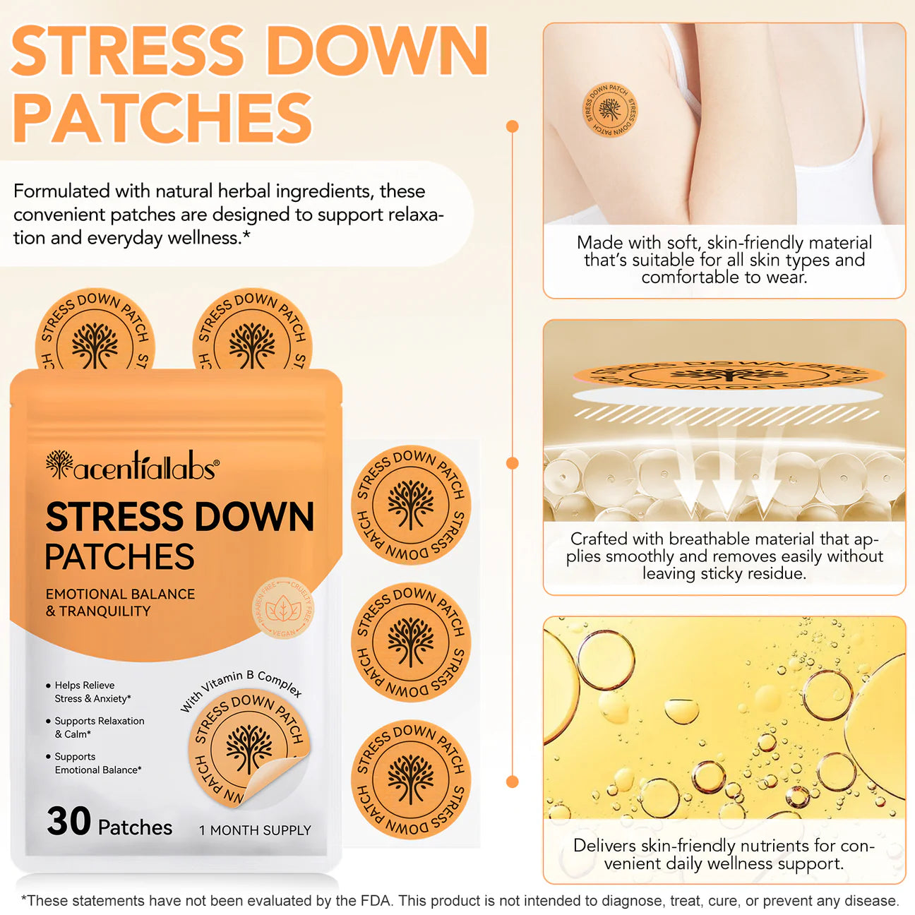 Acetiallabs- Stress Down Patches - Natural Ingredients- Relieves Anxiety - Calm & Relaxation