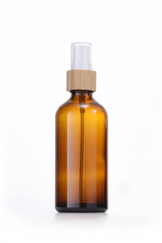 4-Pack Amber Glass Fine Mist Spray Bottles with Bamboo Detail – 4 oz