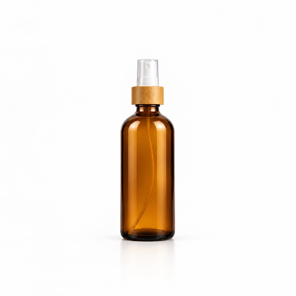 Amber Glass Empty Spray Bottle with Bamboo  Top – 4 oz