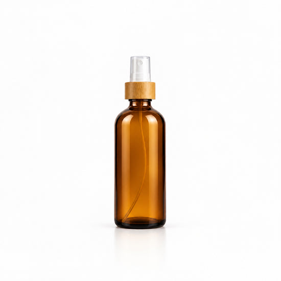 Amber Glass Empty Spray Bottle with Bamboo  Top – 4 oz
