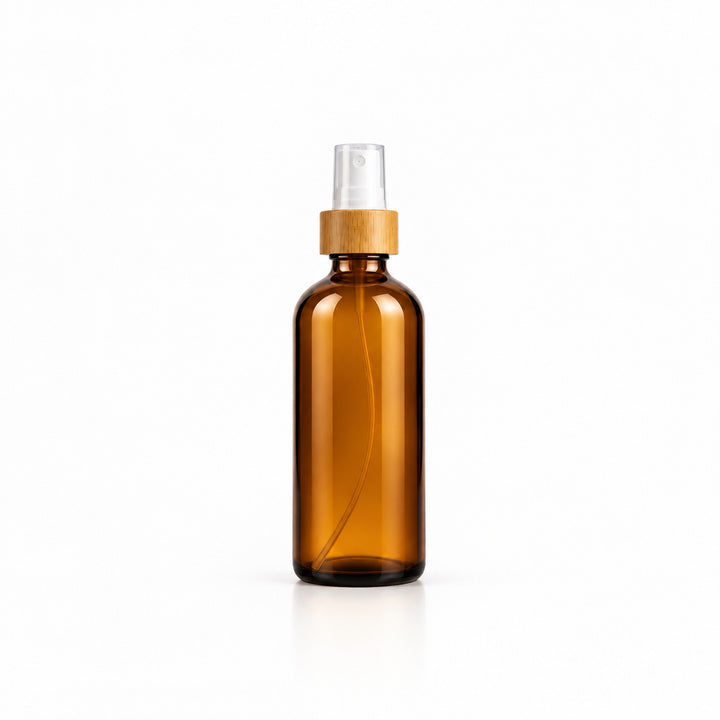 Amber Glass Empty Spray Bottle with Bamboo  Top – 4 oz